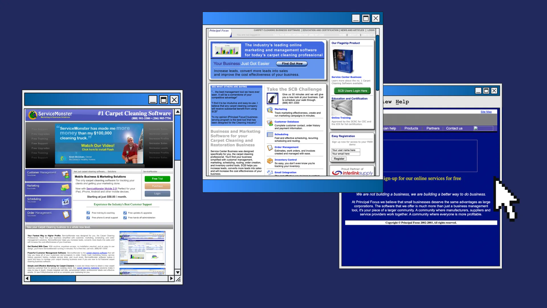 A graphic showing three websites from ServiceMonster's history
